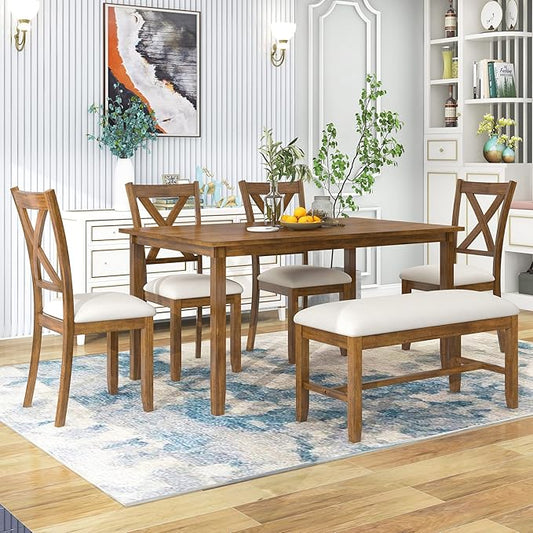 6 Pieces Dining Table Set with 60" Rectangle Kitchen Desk,Living Room Furniture W/ 4 "X-Shaped Curved Backres Fabric Chairs & 1 Bench,for Restaurant,Home Bistro,Natural Cherry