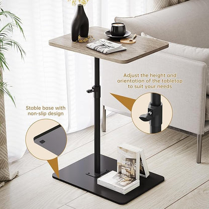 NiHome Minimalist Height Adjustable End Table, 360° Rotatable Sofa Armrest Side Tray Table, Adjustable Legs Space-Saving Couch Bedside Bathtub TV Tray C-Shaped End Table Snack Table for Eating (Gray)