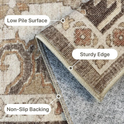 GENIMO 8x10 Area Rugs for Living Room, Machine Washable Non Slip Vintage Retro Rugs, Low Pile Lightweight Chenille Print Rug for Bedroom, Dining Room, Home Office, Ebony Taupe