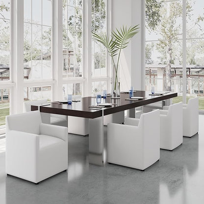 Manhattan Comfort Anna Square Modern Dining Chair with Arms, Head-to-Toe Faux Leather Upholstered Accent Armchair with Plastic Foot Padding, Set of 2, Cream