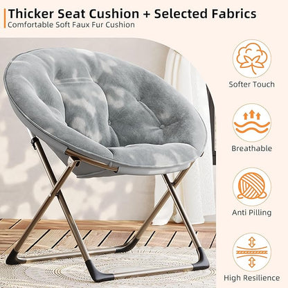 Comfy Saucer Chairs, Gray Folding Reading Lounge Chair, Cozy Faux Fur Living Room Chair with Soft Thick Padded Seat & Metal Frame, Modern Style Bedroom Home for Kids Adults, X-Large, Gold Legs