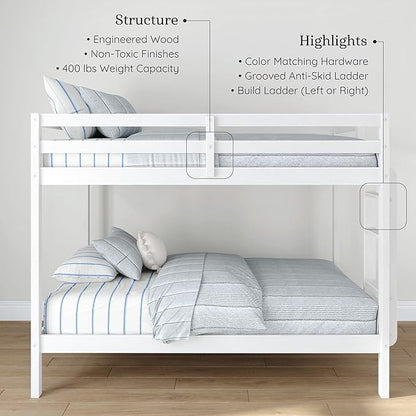 Grain & Grove Bear Twin Over Twin Bunk Bed, Sturdy Bunk Bed Frame for Kids, Plywood Bunk with Ladder, Guardrail, and Slats, No Box Spring Required, Brushed White