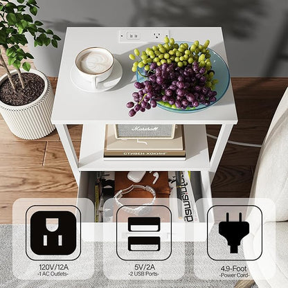 TUTOTAK End Table with Charging Station, Side Table with 2 USB Ports and Outlets, Nightstand with Cloth Drawer, Set of 2, Couch Table, White TB01BW052