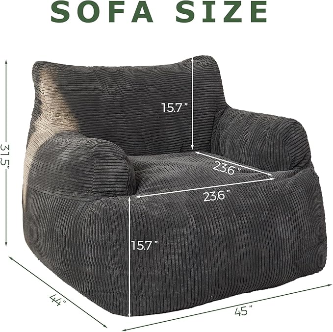 HIGOGOGO Giant Bean Bag Chair Sofa, Big Comfy Chair for Bedroom Living Room, Bean Bag Lazy Chair for Adults with Pocket Armrests for Gaming, Reading, Large, Dark Grey
