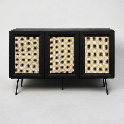 NTC MOSSIC Modern Sideboard with 3 Doors, Natural Rattan Storage Cabinet, Buffet with Metal Legs, Boho Accent Cabinet for Living Room, and Entryway, Effortless Assembly - Burnt Black