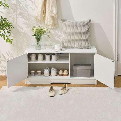 Shoe Bench, Entryway Storage Bench with 2 Doors, Shoe Rack Adjustable Shelves, Shoe Cabinet with Storage, 31.5" W x 13.8" D x 18.1" H for Entryway, Living Room, Hallway, Mudroom, Bedroom, White