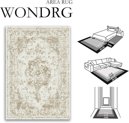 5x7 Washable Area Rug Brown Neutral Carpet for Living Room Bedroom Distressed Vintage Low Pile Soft Non-Slip Lightweight Vacuumable Throw Rug for Dining Room Office Kitchen Dorm