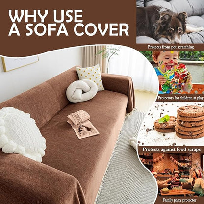 HANDONTIME Boho Style Sofa Cover with Tassels, Washable & Non-Slip Couch Cover for 3 Cushion Sofa, Herringbone Pattern Pet-Friendly Sofa Slipcover, Chocolate Color, 71"x118", Living Room Decor