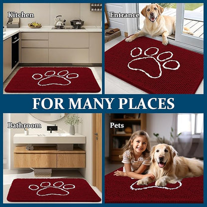 OLANLY Door Mat for Muddy Dog Paws 24x16, Ultra Absorbent Chenille Mud Doormat with Paw Print Design, Non-Slip Washable Doormat for Indoor Entryway, Quick-Dry Pet Bed Mats for Dirty Dogs, Red