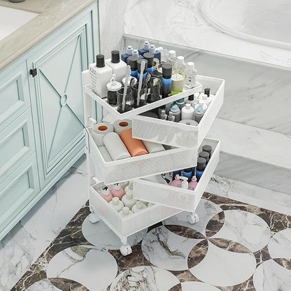 Fruit Basket for Kitchen No Assembly, Rolling Rotating Storage cart,Bathroom Shelf,Storage Drawer Cart for Bathroom,Metal Vegetable Rolling cart(Bright White, 4 Tier-Square)