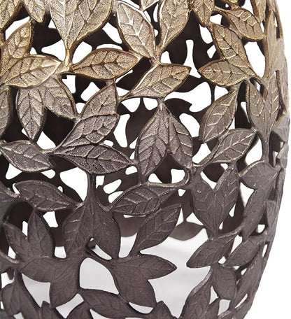 Howard Elliott Olive Leaf Round Side Table & Stool, Unique Bronze Finish Cast Aluminum Bedside Table, Modern Accent Decoration Side End Table for Living Room, Balcony & Bedroom, 17 x 16.25 Inch