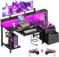 AODK Computer Desk with Drawers and Keyboard Tray, 55" Office Desk with Power Outlet and LED Lights, Reversible Study Work Desk with Printer Shelf and PC Stand for Home Office, Black