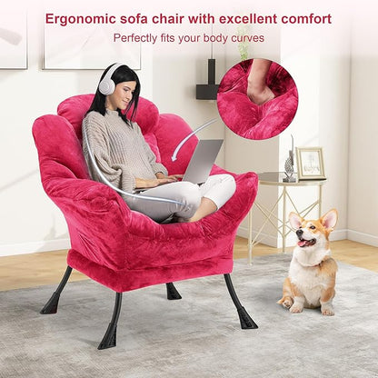 Fabric Lazy Chair for Adults, Oversized Upholstered Sofa Chair, Plush Comfy Lounge Chair with Large Side Storage Pocket, Thick Padded Reading Chair for Living Room, Bedroom, Office, Rose Red
