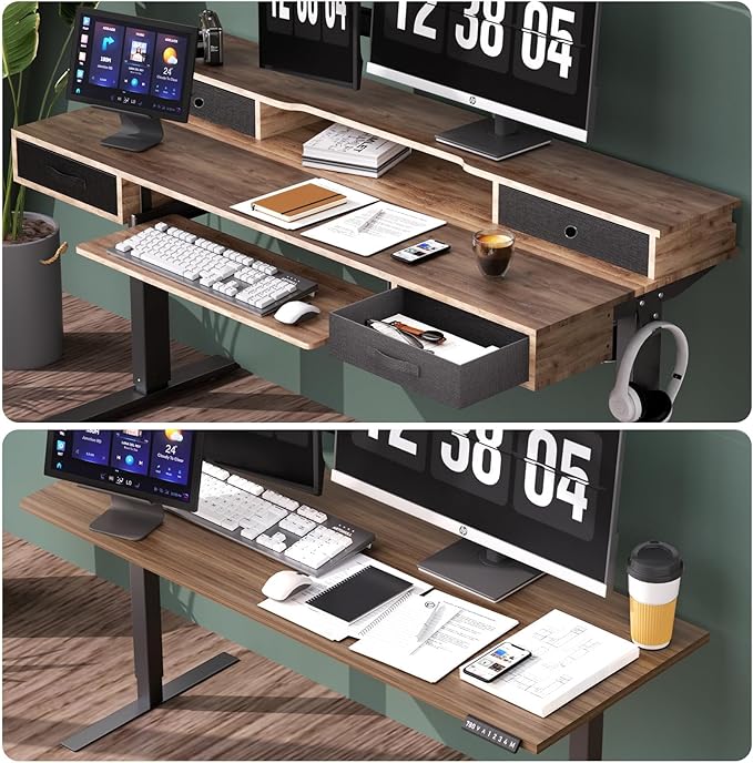 Standing Desk, 63" Adjustable Desk, Multifunctional Electric Standing Desk with 4 Drawers, Ergonomic Height Adjustable Desk with Keyboard Tray, Rustic Brown