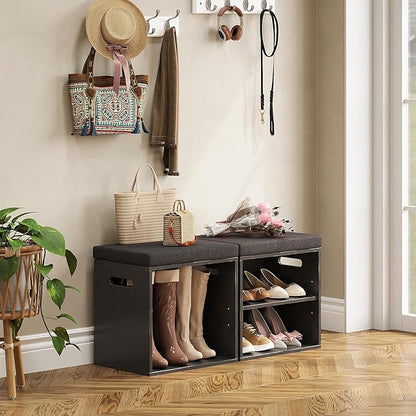 Bamboo Small Shoe Bench for Entryway 2 Tier Shoe Storage Bench with Cushion Adjustable Shoe Rack with Padded Seat for Living Room Hallway (Antique Black)