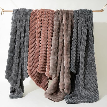 Amélie Home Faux Fur Throw Blanket for Couch, Ultra Cozy Fuzzy Fluffy Fur Luxurious Soft Striped Plush Gift Blankets for Family Sofa Chair Bed Living Room Bedroom, 55"x70", Ionic Fox Brown