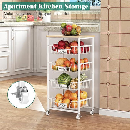 Fruit Vegetable Basket for Kitchen Pantry Storage Organizer, 5-Tier Metal Utility Kitchen Rolling Cart on Wheels with Drawer Rack and Wood Top for Potatoes Onions