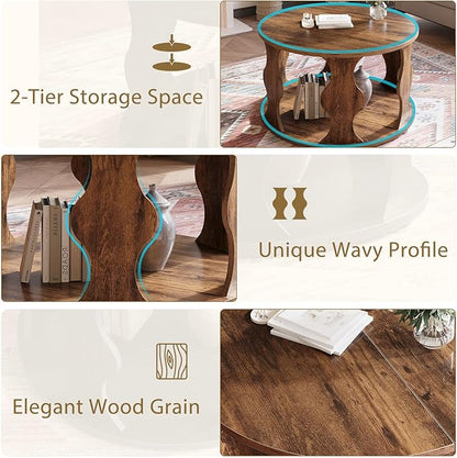 HSH Round Wood Coffee Table, Rustic Brown Circle Center Table with Storage, Farmhouse Wooden Living Room Coffee Tea Tables in Small Room, Unique Vintage 2 Tier Circular Middle Cocktail Table, 31.5 in