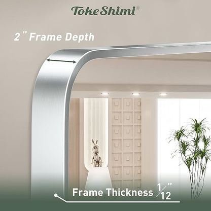 TokeShimi 24 x 36 Inch Brushed Silver Bathroom Mirror for Wall Brushed Brass Metal Rounded Corner Rectangle Mirror Metal Frame Deep Set Design Hangs Horizontal Or Vertical