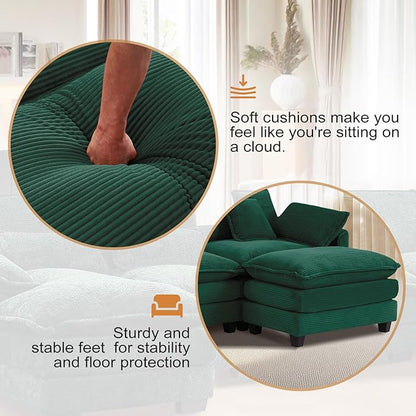 Furniliving Oversized Accent Chair with Ottoman, Luxury Corduroy Single Sofa, Upholstered Deep Seat Chaise Lounge with Pillows for Living Room, Bedroom, Apartment, Green