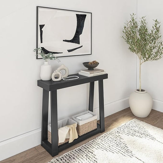 Plank+Beam Solid Wood Console Table with Storage, 36 Inch, Sofa Table with Shelf, Narrow Entryway Table for Hallway, Behind The Couch, Living Room, Foyer, Easy Assembly, Black