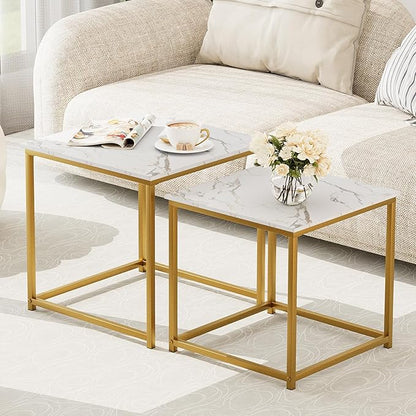 Garden 4 you Coffee Table Set of 2, Modern Engineered Wood Nesting Table, Metal Frame Square Center Table Set, Side Tables, Nesting Coffee Table for Living Room, Bedroom and Small Spaces, 19.7in Gold