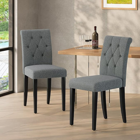 Upholstered Dining Chairs Set of 2, Button Tufted Parsons Dining Chair with Solid Wood Legs, Modern Fabric Side Chair for Dining Room/Kitchen/Restaurant/Hotel- Grey