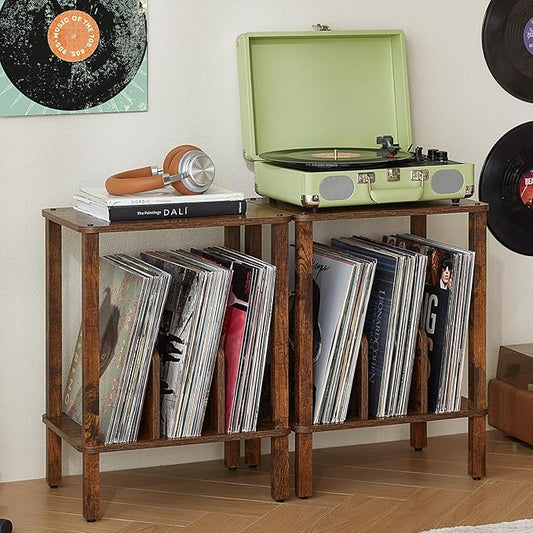 LELELINKY 2-Tier Bamboo Record Player Stand Set of 2 with Vinyl Record Storage up to 100 Albums, Boho Bedroom Record Holder and Multi-Functional End Table for Living Room, Brown