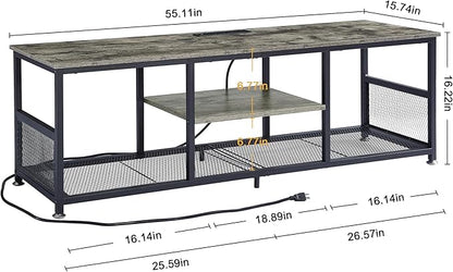 VECELO TV Stand with Power Outlets for Televisions up to 65Inch, 55" Media Entertainment Center with Charging Station 3-Tier Open Storage Shelves with Metal Frame for Living Room/Bedroom，Grey