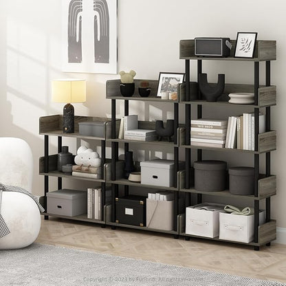Furinno Turn-N-Tube 3-Tier Multipurposes Display Rack, Open Shelf Rack/Storage with Back & Side Panel, French Oak/Black