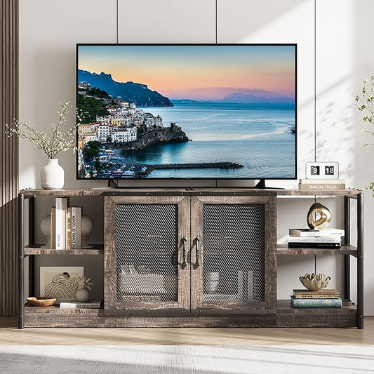 GarveeHome Farmhouse TV Stand for 65/75 inch TV, Entertainment Center with Storage Cabinet, Industrial TV Console Cabinet with Mesh Doors, 63" Rustic TV Media Console Table for Living Room, Oak