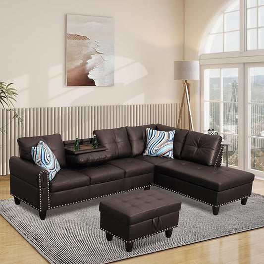 L Shaped Modular Sectional Sofa with Reversible Chaise Lounge, 5-Seater Corner Couch, PU Leather Convertible Sofá w/Movable Ottoman, Cup Holders, 2 Pillows and Rivet Ornament for Living Room