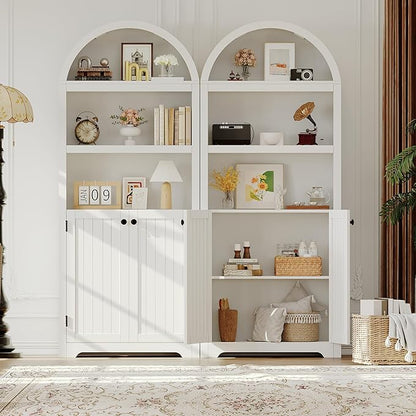 GAOMON 72'' Tall Arched Cabinet, 5 Tier Arched Bookshelf with Double Doors & Adjustable Shelf, Wooden Bookcase with Storage for Living Room, Bedroom, Study, Kitchen, Home Office, White