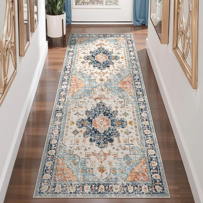 Tangsoo 2x6 Washable Runner Rug for Hallways, Non Slip Vintage Rugs, Soft Low Pile, Print Distressed Blue/Orange Carpet Runners for Kitchen Bedroom Entryway Bathroom Living Room
