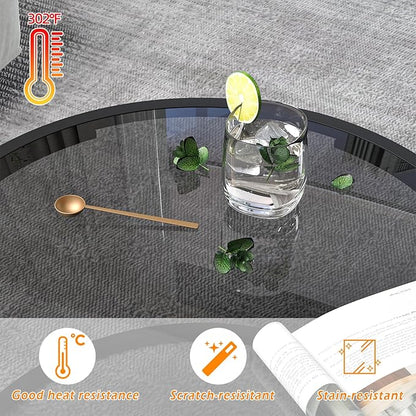 Glass Coffee Table Modern Center Table,Minimalist Round Coffee Tea Table,Tempered Glass-top with Sturdy Metal Frame for Living Room Bedroom Office and Small Space, 27 x 27 x 17 Inch,Gray Black