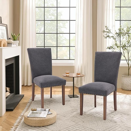 Parsons Dining Chairs Set of 4, Upholstered Nailhead Dining Room Kitchen Side Chair with Thick Cushions and Wood Legs, Dark Grey
