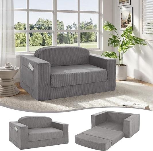 MeMoreCool Convertible Sofa Bed, Pull Out Loveseat Sleeper Sofa, Small Boneless Cloud Couch Bed for Adults, Fold Out Foam Love Seat Grey, Corduroy Folding Floor Couch for Bedroom