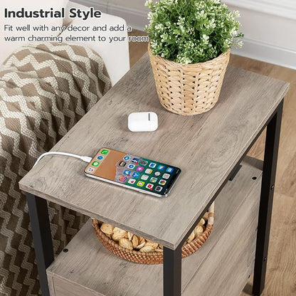 HOOBRO Set of 2 End Tables with Charging Station, Narrow Side Table with Drawers & USB Ports & Power Outlets, Nightstand for Small Spaces, Living Room, Stable, Greige and Black BG541BZP201