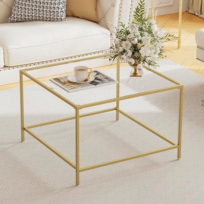 Glass Coffee Table, Modern Square Coffee Table for Living Room, Minimalist Center Tea Table with Sturdy Metal Frame for Apartment, Office, Easy Assembly, 27.6 x 27.6 x 17.7 Inches, Golden