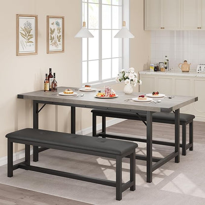 3-Piece Dining Table Set for 4-6 People, Extendable Kitchen Table Set with 2 Upholstered Benches, Dining Room Table Set for Apartment, Kitchen, Living Room, Gray