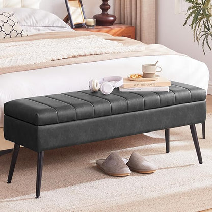 CUYOCA Storage Ottoman Bench, 43.5" Faux Leather Upholstered Entryway Bench, Long Ottoman with Storage for Living Room, Support 660lbs - Black