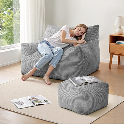 INMOZATA Bean Bag Chair for Adults, 3FT Beanbag Chair with Ottoman Pre-Filled Fluffy Lazy Chair Corded Fabric Accent Chair for Bedroom Living Room Dorm (Gray)