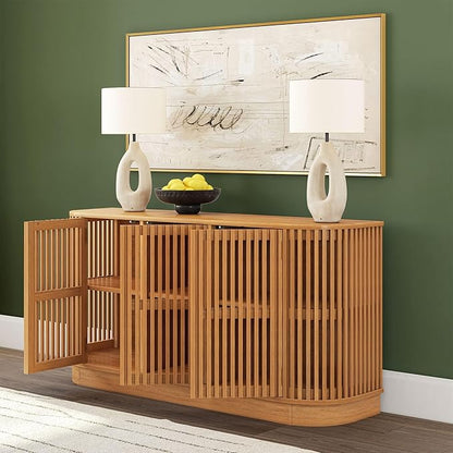 Plank+Beam Contour Wood TV Stand, Three Door Solid Wood Entertainment Console with Storage, 59" L x 16" W x 30" H, Pecan