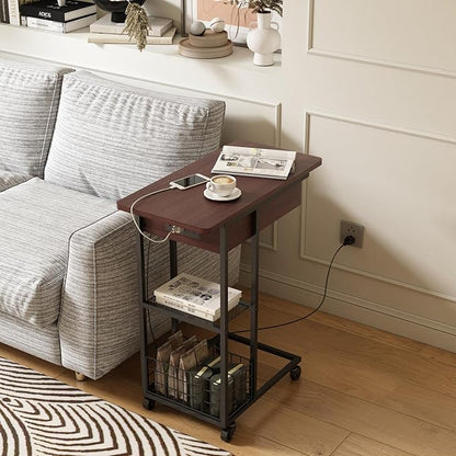 LIDYUK C Shaped End Table with Charging Station, Flip Top Side Table with USB Ports and Outlets, C Table Sofa Table with Storage Shelf for Living Room, Bedroom, Dark Cherry