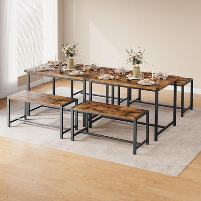 Dining Table Set for 4 with 2 Benches, 3-Piece Kitchen Table Set, Space-Saving Dining Set for Kitchen, Dining Room, Brown