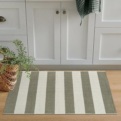 OJIA Fall Front Door Mat 24"x36" Halloween Doormat Striped Porch Rugs Checkered Rug Washable Entry Rug Woven Cotton Indoor Outdoor Rug Small Area Rug for Kitchen Entryway Patio (Green/White/Tan)