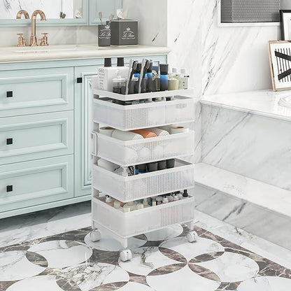Fruit Basket for Kitchen No Assembly, Rolling Rotating Storage cart,Bathroom Shelf,Storage Drawer Cart for Bathroom,Metal Vegetable Rolling cart(Bright White, 4 Tier-Square)