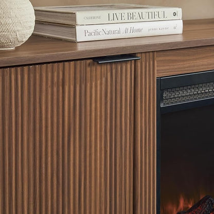 Walker Edison Chloe Reeded TV Stand with Fireplace Insert, 75 Inch, 70 Inch, Mocha