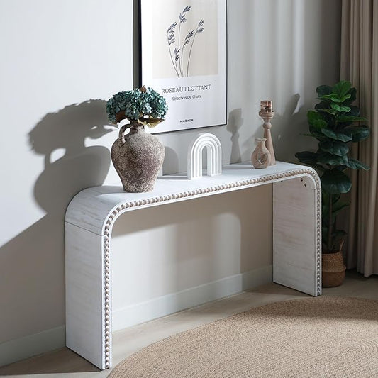 KEIKI Wood Console Table Behind Couch & Sofa, Retro Style with Curved Waterfall & Wood Beads Design, for Entryway, Living Room, Antique White