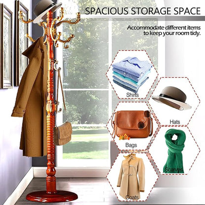 Coat Racks Free Standing with 14 Hooks, Natural Wood Coat Stands for Entryway, Adjustable Height 73 in Tree Coat Rack Stand for Hallway Home Office Bedroom (Begonia)